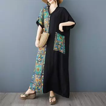 Dimanaf 2025 Лето Плюс Размер Новое Пляжное Повседневное Базовое Свободное Женское Платье С Принтом V-образным Вырезом Длинное Винтажное Платье Макси One Size зелёный