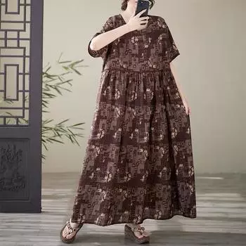 Dimanaf 2025 Лето Плюс Размер Платье Базовое Женское Повседневное Свободное Длинное Винтажное Новое Платье Оверсайз с Принтом Макси One Size коричневый