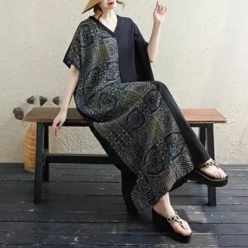 Dimanaf 2025 Лето Плюс Размер Платье Базовое Женское Повседневное Свободное Длинное Винтажное Новое Оверсайз Цветочное Платье Макси One Size