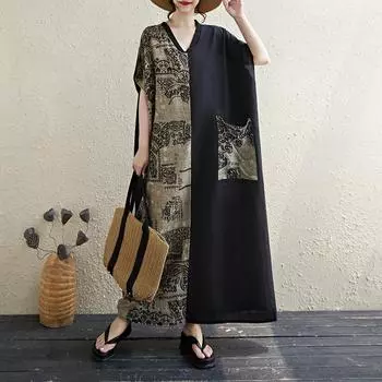 Dimanaf 2025 Лето Плюс Размер Платье Базовое Женское Повседневное Свободное Длинное Винтажное Новое Оверсайз Цветочное Платье Макси One Size