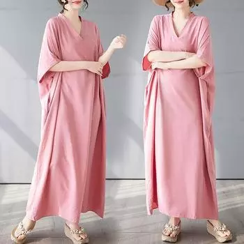 Dimanaf 2025 Лето Плюс Размер Платье Базовое Женское Повседневное Свободное Пляжное Длинное Винтажное Новое Сплошное Платье Макси с V-образным вырезом One Size розовый