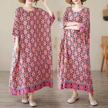 Dimanaf 2025 Лето Плюс Размер Платье Базовое Женское Повседневное Длинное Винтажное Новое Оверсайз Свободное Платье Макси One Size розы красного