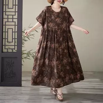 Dimanaf 2025 Лето Плюс Размер Платье Базовый Женский Повседневный Свободный Длинный Винтажный Оверсайз Принт Новое Платье Макси One Size коричневый