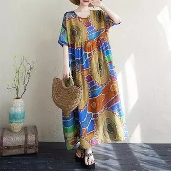 Dimanaf 2025 Лето Плюс Размер Платье Пляжное Повседневное Базовое O-образный вырез Женское Свободное Винтажное Новое Печать Длинное Платье Макси One Size синий