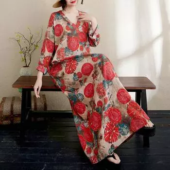 Dimanaf 2025 Лето Плюс Размер Платье Базовый Женский Повседневный Свободный Длинный Рукав Винтаж Новое Платье Оверсайз Макси One Size красный