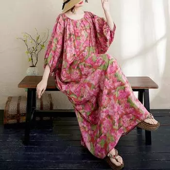 Dimanaf 2025 Лето Плюс Размер Платье Базовый Женский Повседневный Свободный Цветочный Принт Винтажный Новый Оверсайз Платье Макси One Size розовый