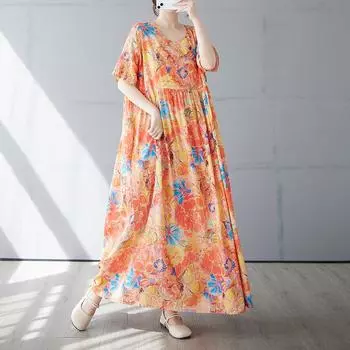 DIMANAF 2025 Летнее платье больших размеров для женщин с винтажным цветочным принтом Повседневное свободное базовое платье с круглым вырезом Макси One Size