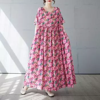 DIMANAF 2025 Летнее платье больших размеров для женщин с винтажным цветочным принтом Повседневное свободное базовое платье с круглым вырезом Макси One size
