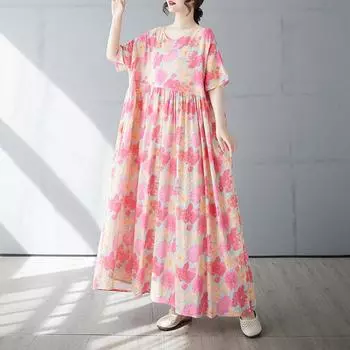 DIMANAF 2025 Летнее платье больших размеров для женщин с винтажным цветочным принтом Повседневное свободное базовое платье с круглым вырезом Макси One Size
