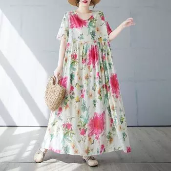 DIMANAF 2025 Летнее платье больших размеров для женщин с винтажным цветочным принтом Повседневное свободное базовое платье с круглым вырезом Макси One size