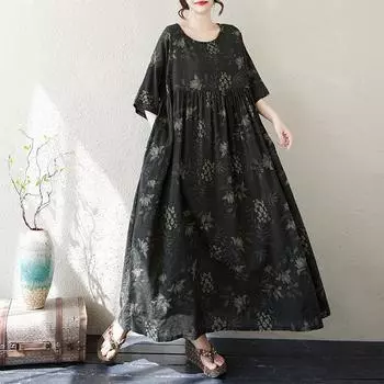 Dimanaf 2025 Лето Плюс Размер Винтаж Платье Базовый Принт Женщин Повседневный Длинный Оверсайз Свободное Платье Макси Новое One Size чёрный