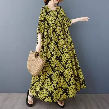 Dimanaf 2025 Лето Плюс Размер Винтаж Платье Базовый Принт Женщин Повседневный Длинный Оверсайз Свободное Платье Макси Новое One Size жёлтый