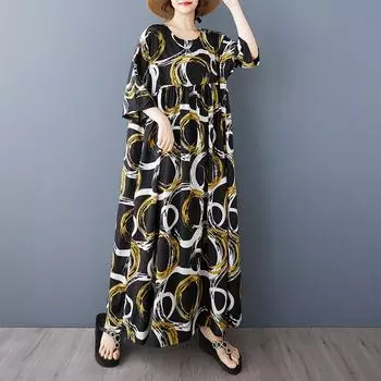 Dimanaf 2025 Лето Плюс Размер Винтаж Платье Базовый Принт Женщин Повседневный Длинный Оверсайз Свободное Платье Макси Новое One Size чёрный