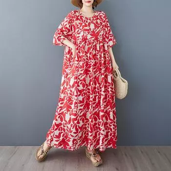 Dimanaf 2025 Лето Плюс Размер Винтаж Платье Базовый Принт Женщин Повседневный Длинный Оверсайз Свободное Платье Макси Новое One Size