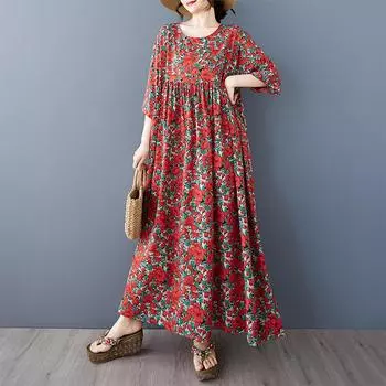 Dimanaf 2025 Лето Плюс Размер Винтаж Платье Базовый Принт Женщин Повседневный Длинный Оверсайз Свободное Платье Макси Новое One Size