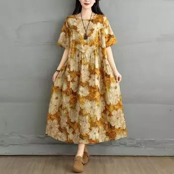 Dimanaf 2025 Лето Плюс Размер Винтажное Платье Женское Повседневное Платье-Рубашка Свободное Базовое Платье С Цветочным Принтом L жёлтый