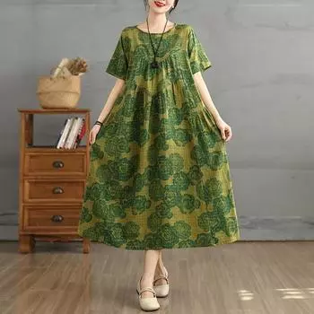 Dimanaf 2025 Лето Плюс Размер Винтажное Платье Женское Повседневное Платье Свободное Базовое Цветочное Принт Короткий Рукав Длинное Платье M зелёный