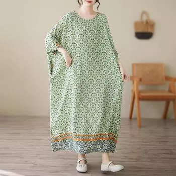 Dimanaf 2025 Лето Плюс Размер Винтажное Платье Базовое Женское Повседневное Длинное Оверсайз Свободное Платье Макси Новое One Size зелёный