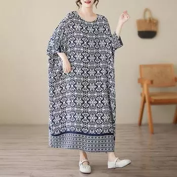 DIMANAF 2025 Летнее Винтажное Платье Базовое Женское Повседневное Длинное Новое Оверсайз Свободное Платье Макси One Size темно-синий