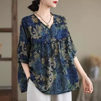 Dimanaf 2025 Лето Плюс Размер Женская Футболка Базовая Новая Винтажная Цветочная V-образная Вырез Печать Топы Футболки Повседневная Свободная Макси L синий