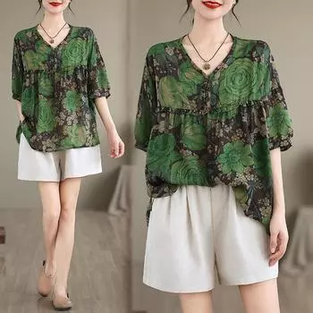 Dimanaf 2025 Лето Плюс Размер Женская Футболка Базовая Новая Винтажная V-образным Вырезом Цветочный Принт Топы Футболки Повседневные Свободные Макси L зелёный