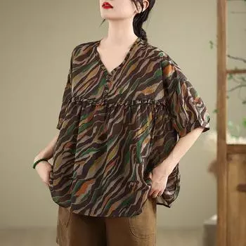 Dimanaf 2025 Лето Плюс Размер Женская Винтажная Футболка Базовая Новая Мода Топы С V-образным Вырезом Футболки Повседневные Свободные Макси L коричневый