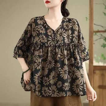 Dimanaf 2025 Лето Плюс Размер Женская Винтажная Футболка Базовая Новая Мода V-образный Вырез Цветочный Принт Топы Футболки Повседневный Свободный Макси L коричневый