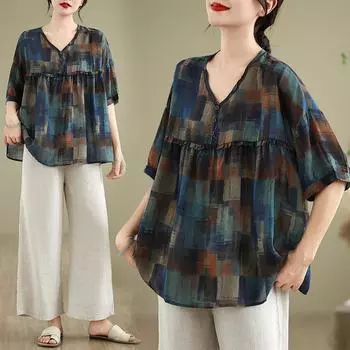 Dimanaf 2025 Лето Плюс Размер Женская Винтажная Футболка Базовая Новая Мода V-образный Вырез Печати Топы Футболки Повседневный Свободный Макси L синий