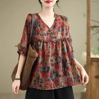 Dimanaf 2025 Лето Плюс Размер Женская Винтажная Футболка Базовая Новая Мода Цветочные Топы Футболки Повседневный Свободный Макси L красный