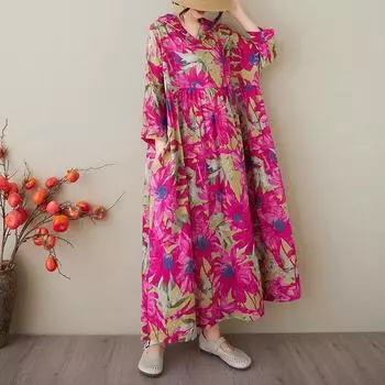 Dimanaf 2025 Лето Женщин Плюс Размер Базовое Платье Цветочный Принт Винтаж Повседневный Свободный Капюшон Длинное Платье Макси One Size розы красного