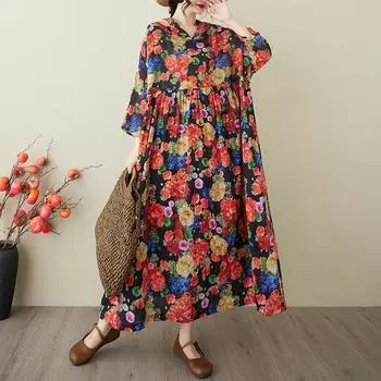 DIMANAF 2025 Лето Женское Плюс Размер Базовое Платье С Капюшоном Плиссированное Повседневное Длинное Свободное Винтажное Цветочное Платье Макси one size