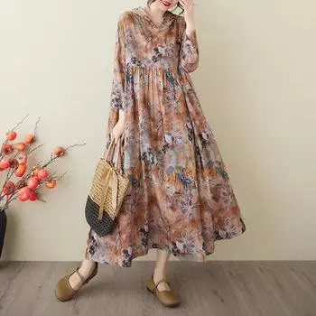 DIMANAF 2025 Лето Женское Плюс Размер Базовое Платье С Капюшоном Плиссированное Повседневное Длинное Свободное Винтажное Цветочное Платье Макси One Size