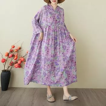 Dimanaf 2025 Лето Женщин Плюс Размер Базовое Платье С Капюшоном Плиссированное Повседневное Длинное Свободное Винтажное Цветочное Платье Макси One Size