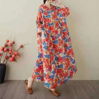 DIMANAF 2025 Лето Женское Плюс Размер Базовое Платье С Капюшоном Плиссированное Повседневное Длинное Свободное Винтажное Цветочное Платье Макси one size