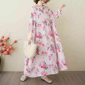DIMANAF 2025 Лето Женское Плюс Размер Базовое Платье С Капюшоном Плиссированное Повседневное Длинное Свободное Винтажное Цветочное Платье Макси One Size