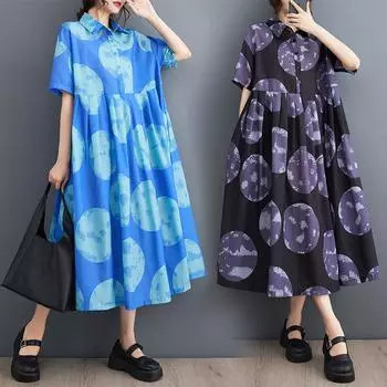 Dimanaf 2025 Лето Женщин Плюс Размер Длинная Рубашка Платье Оверсайз Винтаж Базовый Принт Повседневный Свободный Платье Новое One Size синий