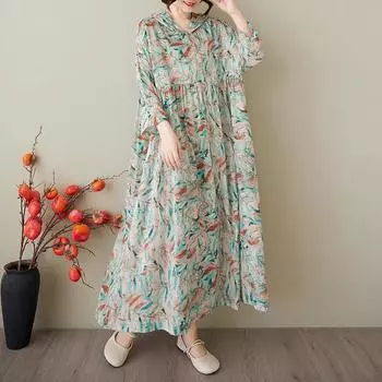 Dimanaf 2025 Лето Женщин Плюс Размер Длинные Платья Толстовки Плиссированные Цветочные Базовые Повседневные Свободные Винтажные Платья Макси One Size зелёный