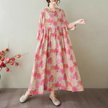 Dimanaf 2025 Лето Женщин Плюс Размер Длинные Платья Толстовки Цветочные Базовые Повседневные Свободные Винтажные Плиссированные Платья Макси One Size розовый