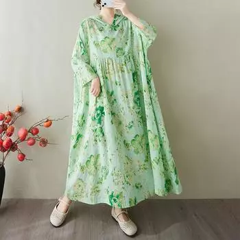 Dimanaf 2025 Лето Женщин Плюс Размер Платье Толстовки Цветочные Базовые Повседневные Свободные Длинные Винтажные Плиссированные Платья Макси One Size зелёный