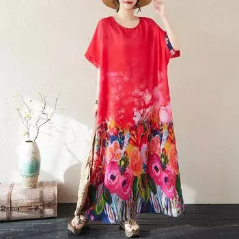 Dimanaf 2025 Лето Женщин Плюс Размер Свободное Длинное Платье Пляжное Базовое Повседневное Платье Винтаж Цветочный Принт Праздничное Платье One Size красный