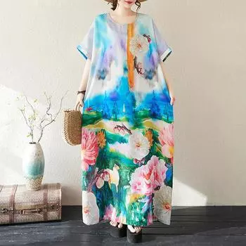 Dimanaf 2025 Лето Женщин Плюс Размер Свободное Платье Пляжный Винтаж Базовый Повседневный Длинный Платье Печать Праздничное Платье Макси One Size синий