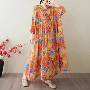Dimanaf 2025 Лето Женщин Плюс Размер Винтаж Базовое Платье Цветочные Плиссированные Повседневные Длинные Свободные Платья С Капюшоном Макси One Size оранжевый