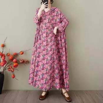 Dimanaf 2025 Лето Женщин Плюс Размер Винтаж Базовое Платье Цветочный Капюшон Плиссированное Повседневное Длинное Свободное Платье Макси One Size фиолетовый