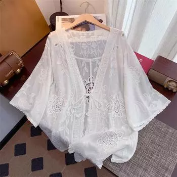 DIMANAF 2025 Лето Женщины Кружевной Праздничный Кардиган Футболка Базовые Новые Модные Топы Кружевные Футболки Повседневные Свободные Футболки One Size белый