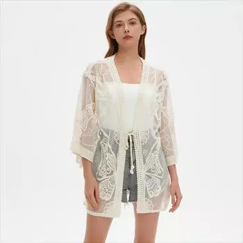 DIMANAF 2025 Лето Женщины Летучая мышь Пляжный кардиган V-образный вырез Футболка Базовый кружевной Новые модные топы кружевные футболки Повседневные свободные футболки One Size белый