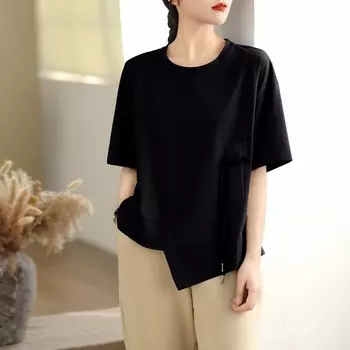 Dimanaf 2025 Лето Женщины Плюс Размер Базовая Футболка Винтаж Повседневный Свободный Асимметричный Элегантный Топы Футболки Оверсайз L чёрный