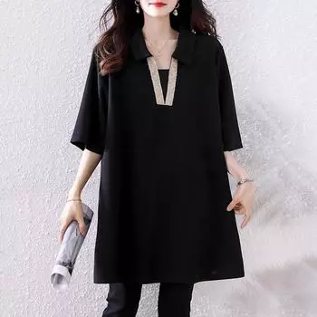 Dimanaf 2025 Лето Женщины Плюс Размер Базовая Футболка Винтаж Мода Повседневный Свободные Черные Топы Футболки Большие Размеры XL чёрный