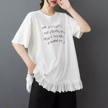 DIMANAF 2025 Лето Женская Базовая Футболка Большого Размера Винтажная Повседневная С Принтом Букв Свободные Топы Футболки Оверсайз One Size белый