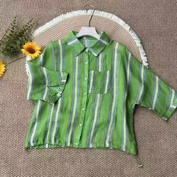 Dimanaf 2025 Лето Женская Блузка Большого Размера Базовая Футболка Винтажная Полоска Оверсайз Мода Повседневные Свободные Топы Футболки M зелёный
