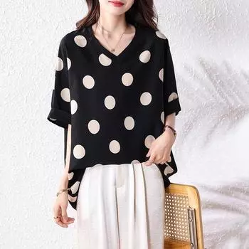 Dimanaf 2025 Лето Женская Футболка Больших Размеров Базовая Винтажная В Горошек Оверсайз Модные Повседневные Свободные Черные Топы Футболки L чёрный